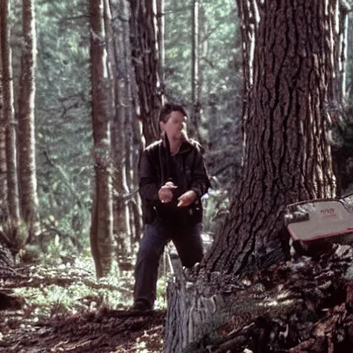 Prompt: twin peaks woodsman, drink full and descend scene, microphone, horror
