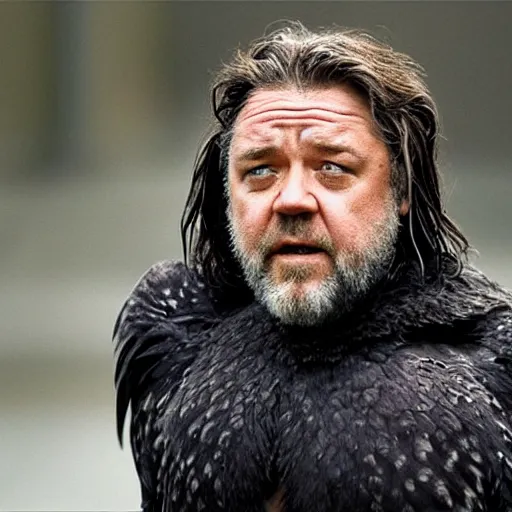 Prompt: russell crowe as a crow, 8 k