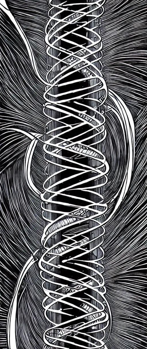 Image similar to a double helix dna strand futuristic carved pillar, high details, lineart, by vincent di fate, inking, etching, screen print, masterpiece, trending on artstation, sharp, high contrast, hyper - detailed,, hd, 4 k, 8 k