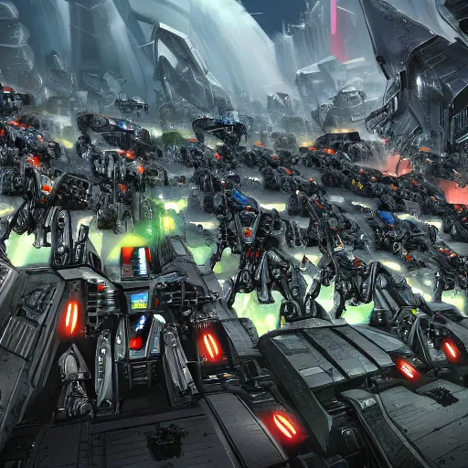Image similar to sprawling view of an army of decepticons marching on cybertron, trending on artstation