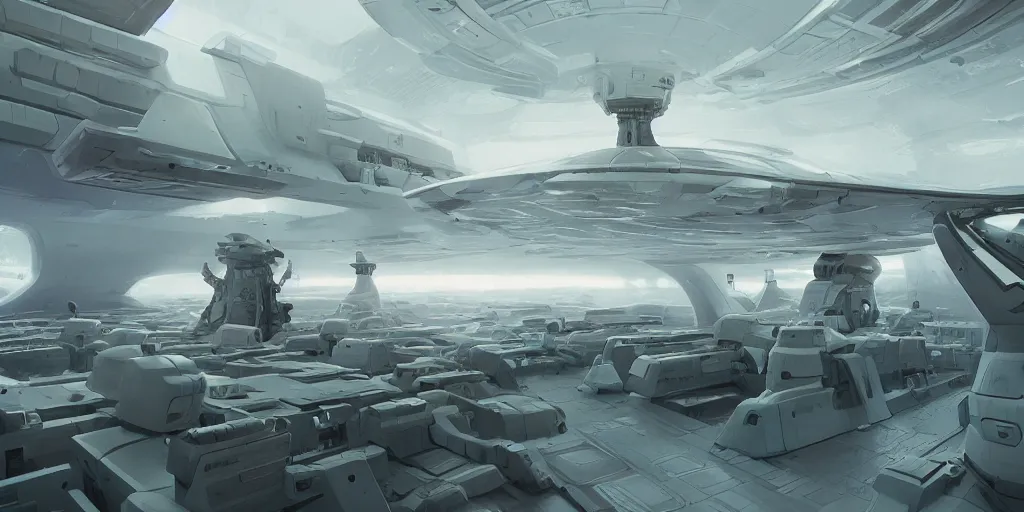 Prompt: one thousand aligned cryogenic pods in rows, spaceship interior, symmetrical, sci-fi, 4k, wide shot, matte painting, Sergey Kolesov, Tristan Eaton, James Gurney, greg rutkowski