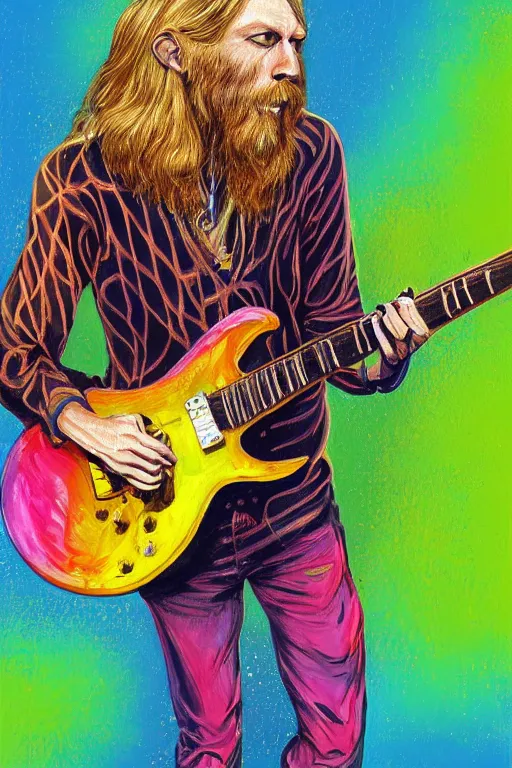 Image similar to a professional painting of Duane Allman, in brightly colored psychedelic shirt, playing a guitar, long hair, beautiful bone structure, symmetrical facial features, intricate, elegant, digital painting, concept art, smooth, sharp focus, illustration, William-Adolphe Bouguerea, epic, stunning, gorgeous, intricate detail, much wow, ultra realistic, photorealism, 4K, masterpiece, trending on artstation