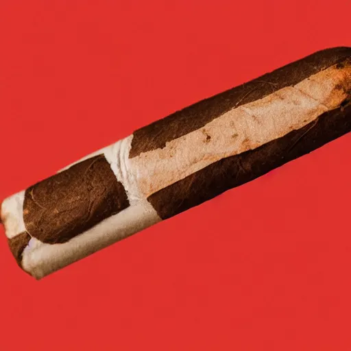 Image similar to cigar with smoke wafting up from it on a red background, logo