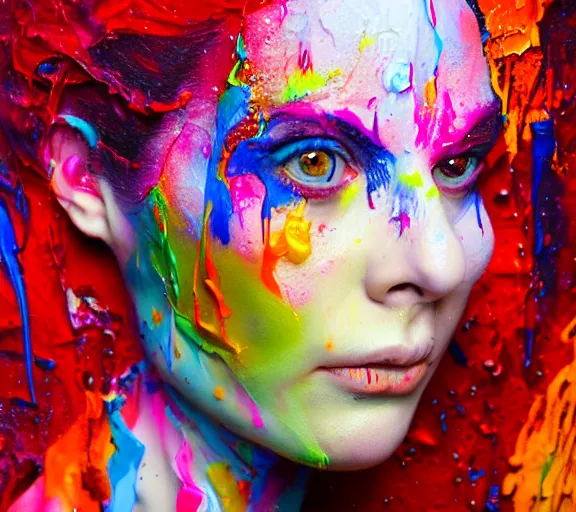 Image similar to still shot footage of a portrait of a female angel's head morphs into acrylic pour and coloured powder explosion and splashing paint and dripping paint and flying paint chunks, closing eyes, motion blur, hyperrealistic, medical, intricate art photography, hyperrealistic, anatomically correct, realistic crisp textures, 1 6 k