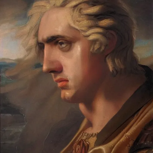 Image similar to A 17th century Baroque Painting of Alexander the Great, portrait of Alexander the Great, grainy, realistic, very realistic, hyperrealistic, highly detailed, very detailed, extremely detailed, very neat, very epic, very cool, detailed, trending on artstation