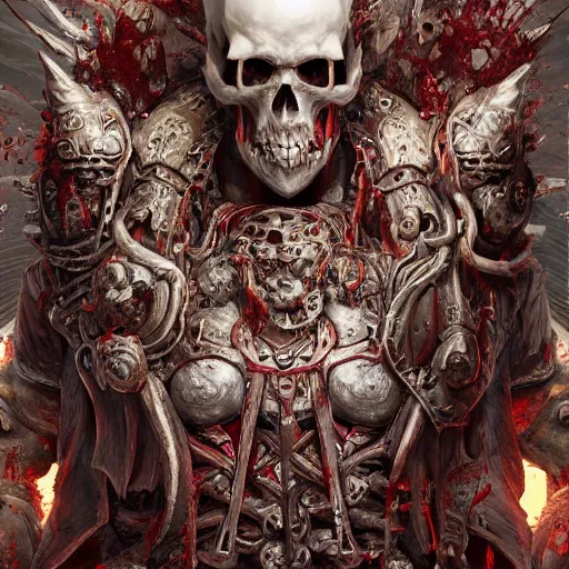 Prompt: blood for the blood god skulls for the skull throne, au naturel, hyper detailed, digital art, trending in artstation, cinematic lighting, studio quality, smooth render, unreal engine 5 rendered, octane rendered, art style by klimt and nixeu and ian sprigger and wlop and krenz cushart