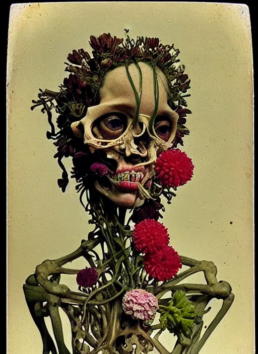 Image similar to beautiful and detailed rotten woman made of plants and many types of stylized flowers like carnation, chrysanthemum and tulips, anatomically, anatomica, intricate, organs, ornate, surreal, john constable, guy denning, gustave courbet, caravaggio, romero ressendi 1 9 1 0 polaroid photo