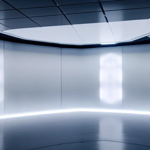 Prompt: a white room 1 2 ft long x 1 0 ft wide x 8 ft tall, geometrically perfect, clean and empty, sci fi spaceship futuristic paneling unreal engine, general studio lighting, 8 k,