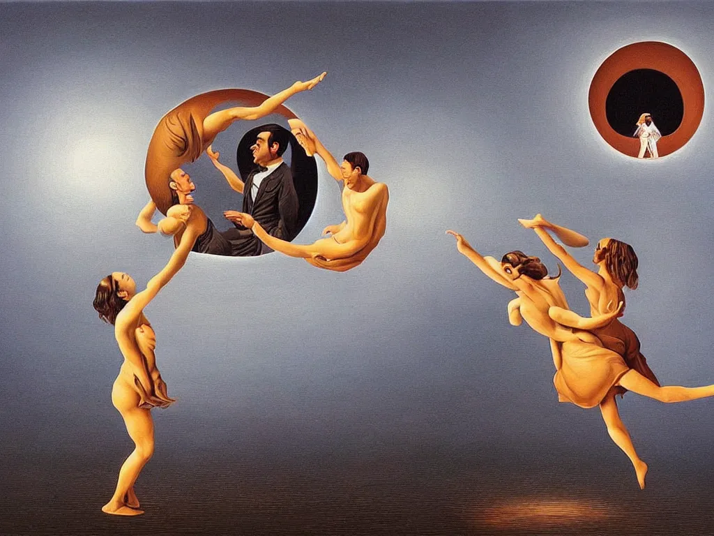 Image similar to optical illusion painting of a couple dancing in a worm hole, illusionism, mind blow, by leandro erlich and salvador dali, detailed