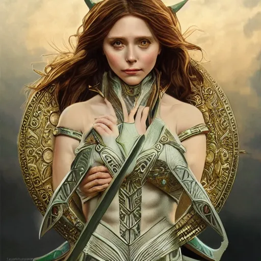 Image similar to Elizabeth Olsen as a elf archer, cute, fantasy, intricate, elegant, highly detailed, centered, digital painting, artstation, concept art, smooth, sharp focus, illustration, art by artgerm and H R Giger and alphonse mucha