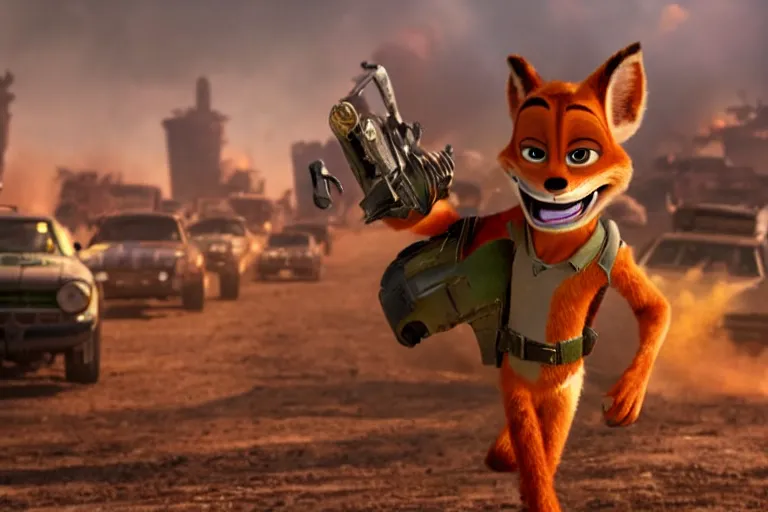 Image similar to nick wilde ( from zootopia ), heavily armed and armored facing down armageddon in a dark and gritty reboot from the makers of mad max : fury road