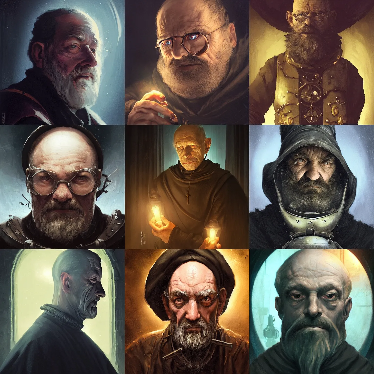 Prompt: portrait of an old, medieval alchemist in the dark, he is looking into the distance thoughtfully!!. close up, kubrick stare, studio lighting bright ambient lighting key light, fantasy, detailed, photorealistic portrait by michael komarck, greg rutkowski, victo ngai, artgerm and j. dickenson