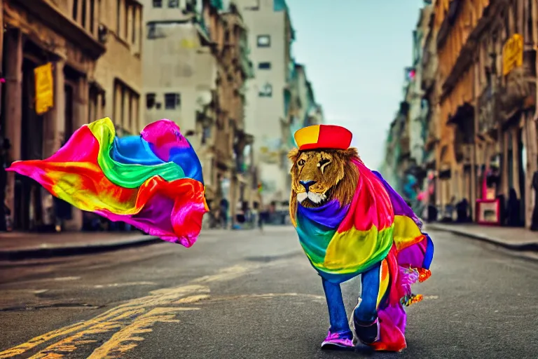 Prompt: A photograph of a lion wearing a brightly coloured hat and silk scarf, proudly walking down the street, national geographic photography, cinematic lighting