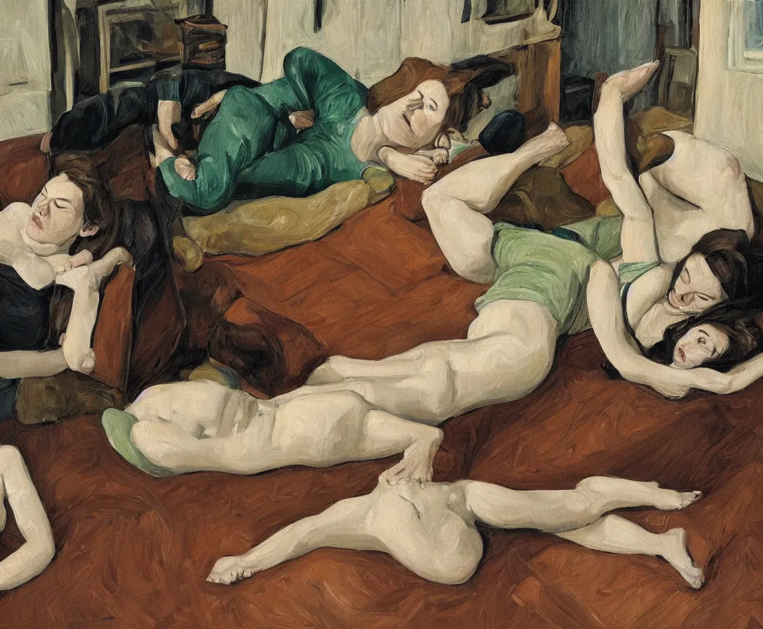 Image similar to portrait of two women lying horizontal, in an empty old english apartment with wooden floor on a brown leather sofa. one is wearing a dark blue sweather, the other a white shirt. brown hair, they are looking into the camera. wide shot. in the style of lucien freud. oil painting. green mood. isometric perspective