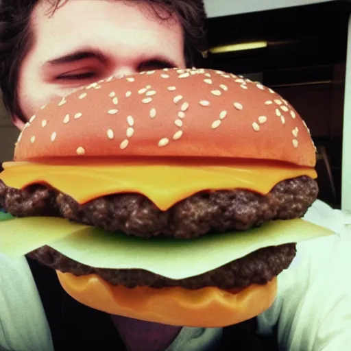 Prompt: hamburger cheeseburger big mac whopper inside a man's big mouth