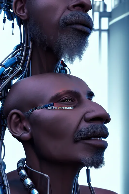 Image similar to a very detailed portrait of a old cyberpunk African man with dreadlocks, biotech, machine, photorealistic, highly detailed rendering with a cyberpunk style_ robotic arms MetaHuman, unreal engine, defined cheekbones, one blind eye, dramatic cinematic lighting