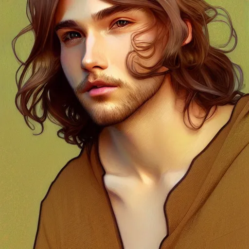 Prompt: young man with shoulder length shiny shimmering golden blond hair, path traced, highly detailed, high quality, digital painting, by studio ghibli and alphonse mucha, leesha hannigan, beautiful details, soft and warm