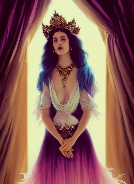 Prompt: ombre velvet gown, feathers, lovely queen, portrait, long white hair, tiara, dozens of jeweled necklaces, feral languid woman, by greg rutkowski, anato finnstark, alphonse mucha, global illumination, radiant light