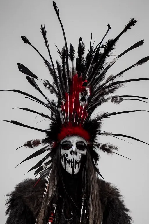 Image similar to the ghost - spirit of the grim - warpaint wears the scarlet skull armor and native blood headdress feathers, midnight fog - mist!, cinematic lighting, various refining methods, micro macro autofocus, ultra definition, award winning photo