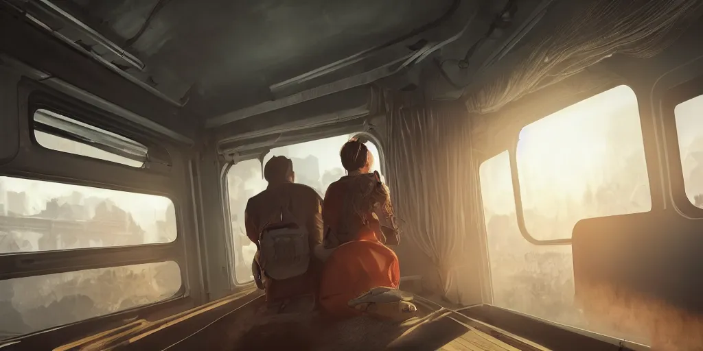 Image similar to young couple sitting in the train wagon, view from the side, stunning volumetric lighting, sundown, trending on Artstation, 8k, photorealistic, hyper detailed, unreal engine 5, cinematic, epic lighting, cryengine, octane render, cyberpunk, red and orange glow