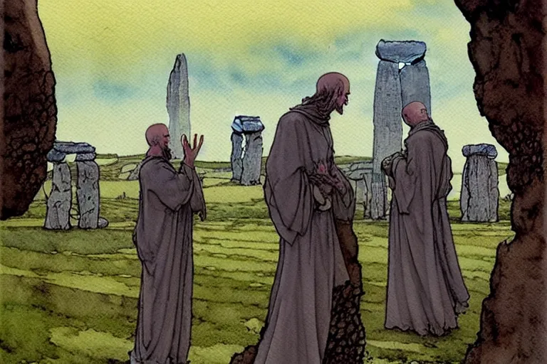 Image similar to a realistic and atmospheric watercolour fantasy concept art of one dirty medieval monk in grey robes pointing up at a ufo in the sky above stonehenge. muted colors. by rebecca guay, michael kaluta, charles vess and jean moebius giraud