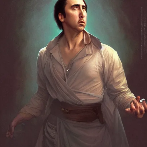 Image similar to Nicholas Cage, cinematic lighting, intricate, elegant, highly detailed, digital painting, artstation, smooth, sharp focus, illustration, art by artgerm and greg rutkowski and alphonse mucha and Wayne Barlowe and william-adolphe bouguereau