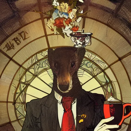 Prompt: a weasel in a suit was drinking tea, surrounded by tea houses ambient lighting, 4 k, russ mills, alphonse mucha, jung gi kim, artstation