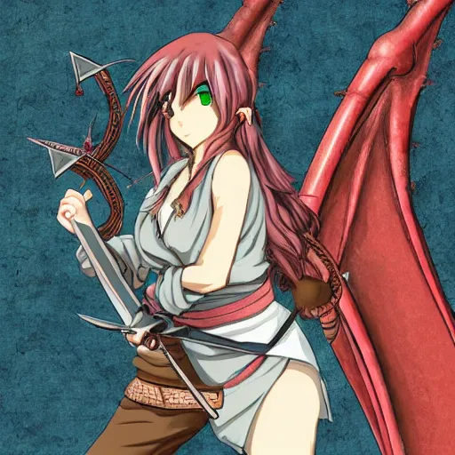 Prompt: a girl holding a sharp sword cutting the head of a dragon,anime,highly detailed