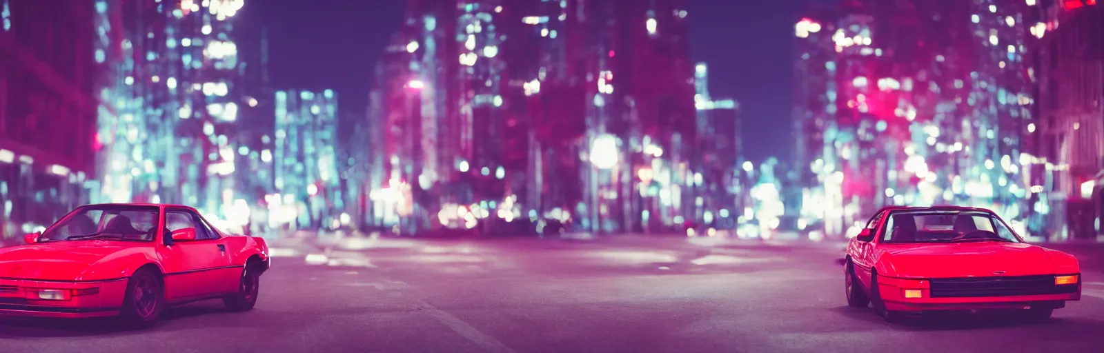 Prompt: 80s red sports car, parked on deserted city street at night time, purple lighted street, wide angle, cinematic, retrowave vibes, grainy, soft motion blur, VHS Screencap