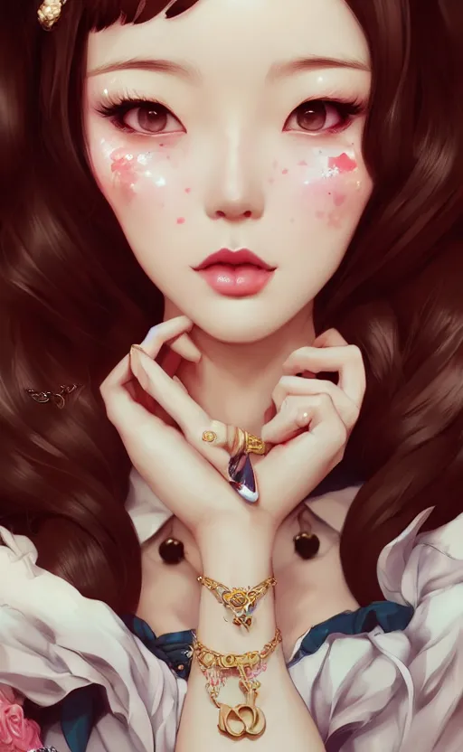 Image similar to a pin up and beautiful fashion charming dreamlke korea girl with lv jewelry, character art, art by artgerm lau and kyoung hwan kim and and ilya kuvshinov and john singer sargent, hyperdetailed, 8 k realistic, symmetrical, frostbite 3 engine, cryengine, dof, trending on artstation, digital art