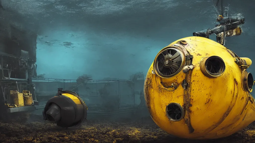 Prompt: a photorealistic dramatic hyperrealistic underwater render of an deep sea submersible, ultra realistic details, glossy yellow, well worn, rust, oil stains by vitaly bulgarov and mike nash, beautiful dramatic dark moody tones and lighting, cinematic atmosphere, global illumination, shadows, dark background, octane render, 8 k