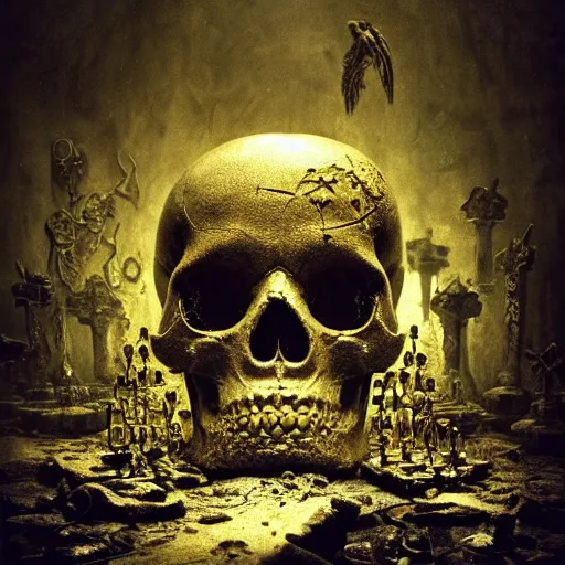 Image similar to a golden runic skull intricately decorated with ancient runic inscriptions and prophecies. dark ominous chiaroscuro baroque still life style. dramatic lighting, ultra detailed, unreal engine 5 by beksinski, billelis. ominous darkness background. weirdcore
