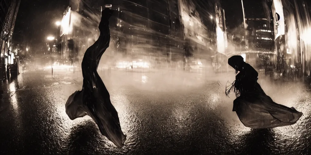 Prompt: fisheye lens slow motion with trail effect of futuristic break dancer wearing floating long dress, long exposure shot , at night in the middle of a rainy street, paddle of water, steam, fog, water splashes, rim lights, glossy reflections, water droplets on lens, octane render, dark and dramatic, explosion in the background, detailed and soft, fisheye lens, smooth, sharp focus, illustration, art by artgerm and greg rutkowski