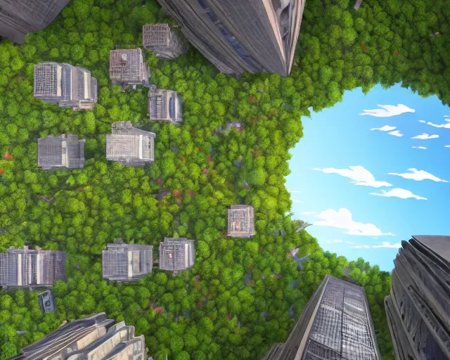 Prompt: a wholesome animation key shot of an overgrown New York, giant skyscrapers, overhead shot, wide shot, architecture, studio Ghibli, Pixar and Disney animation, sharp, very detailed, high resolution, by Raphael LaCoste and Ruan Jia and Robert McCall, postcyberpunk, geodesic dome, hyperdetailed, sunrise, wide shot, autochrome, octane render, inspired by Hayao Miyazaki, anime key art by Greg Rutkowski, Bloom, dramatic lighting