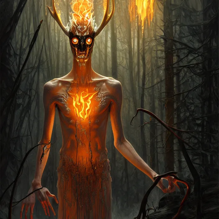 Image similar to translucent Wendigo with flaming eyes, veiled in mist, diffuse lighting, fantasy, intricate, elegant, highly detailed, lifelike, photorealistic, digital painting, artstation, illustration, concept art, smooth, sharp focus, art by John Collier and Albert Aublet and Krenz Cushart and Artem Demura and Alphonse Mucha