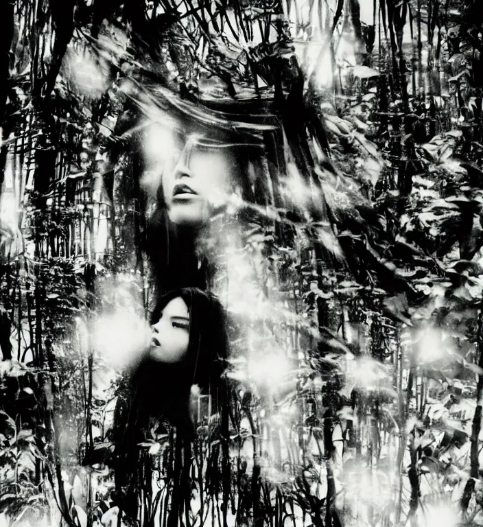 Image similar to a female model with long black hair, emerging from a dense misty jungle wearing camouflage by yohji yamamoto, in the style of daido moriyama, 3 5 mm film, camera obscura, double exposure