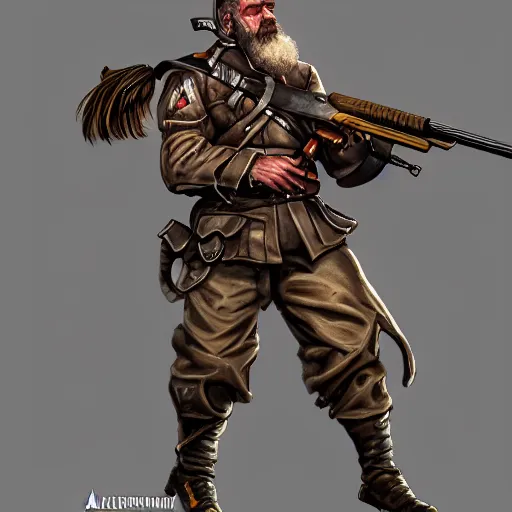 Image similar to Full body concept art of A High fantasy WW1 dwarve soldier firing a enchanted heavy shotgun trending on artstation deviantart Pinterest detailed High Resolution HD 8k