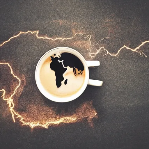 Image similar to Photo of the world map drawn in a cup of coffee, award-winning, golden hour, moody, epic, lightning, 85mm, camera, amazing, talent