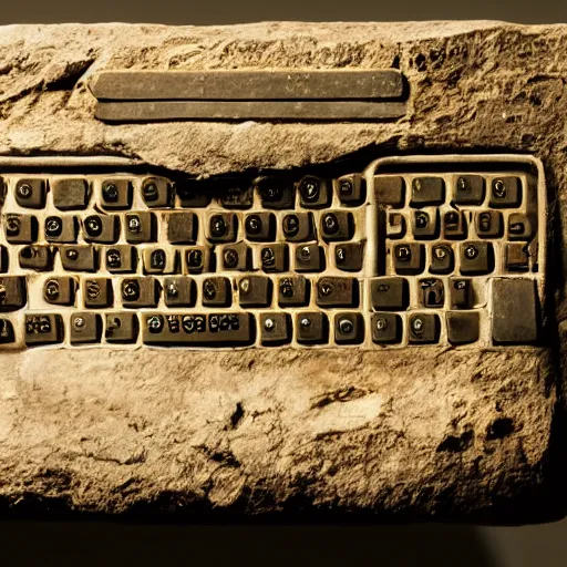 Prompt: museum exhibit photo of a computer from the paleolithic era, uncovered by archaeologists.