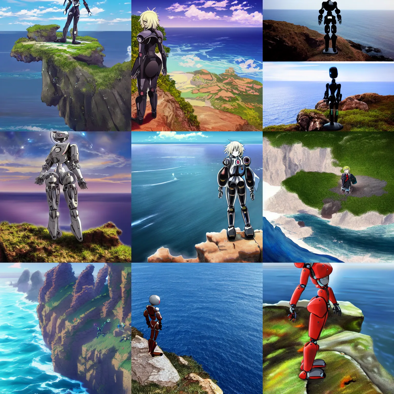 Prompt: anime!! humanoid robot ( standing on top of a large cliff ) overlooking the sea, anime!! with an island far on the horizon, artistic, artstation