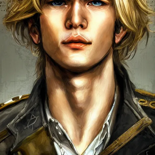 Image similar to portrait of a man by ayami kojima, polish, he is about 2 0 years old, blond hair with bangs, nervous but determined, he is wearing steampunk military fatigues, highly detailed portrait, digital painting, artstation, concept art, smooth, sharp foccus ilustration, artstation hq