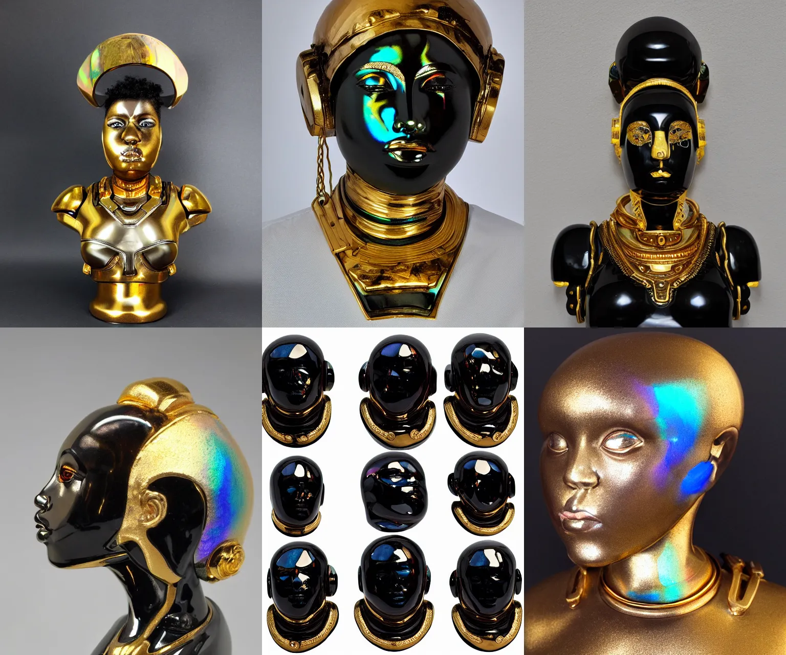 Prompt: intricate slightly iridescent and tanslucent realistic onyx and gold bust of futuristic obese fierce beautiful cybernetic astronaut black girl empress, soft light