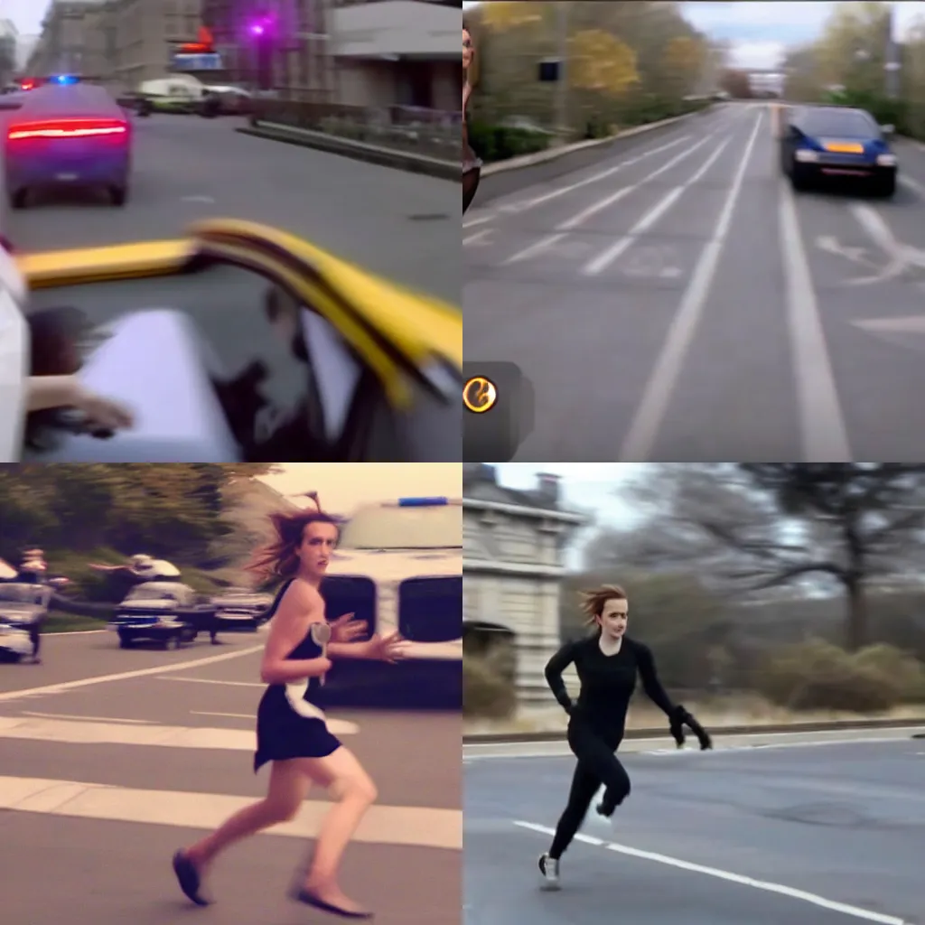 Prompt: dash cam screenshot of emma watson running from the cops motion blur army of police