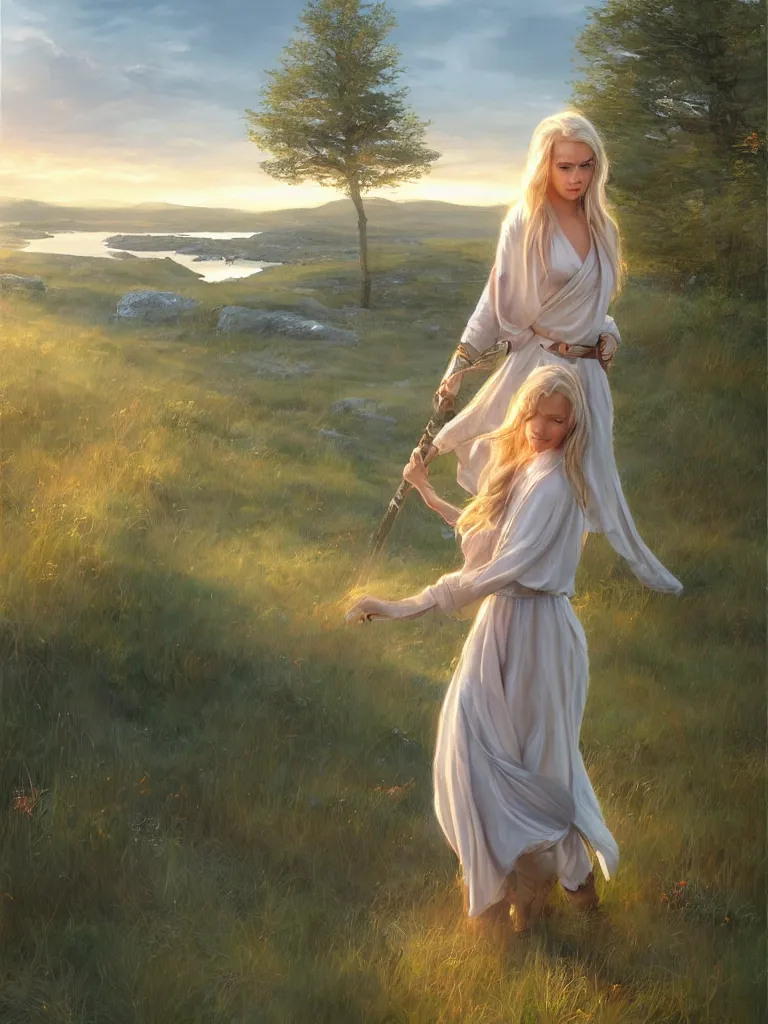 Image similar to blonde female jedi, Swedish countryside, landscape view, archipelago, freedom, dawn, sunrise, beautiful, by Vladimir Volegov, wlop, artstation