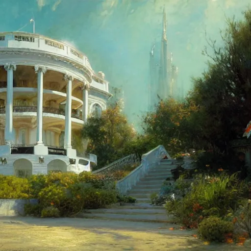 Image similar to detailed cinematic wide shot of the white house that is existing far in the future where humans evolved to be solarpunk, ultra realistic, spring light, painting by gaston bussiere, craig mullins, j. c. leyendecker