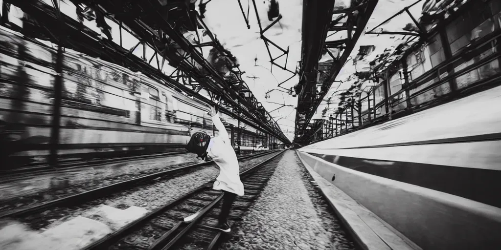 Image similar to a wide shot angle photography of a person trying to jump into a moving train from a platform