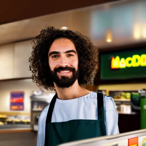 Image similar to closeup portait of jesus working as a cashier at macdonalds