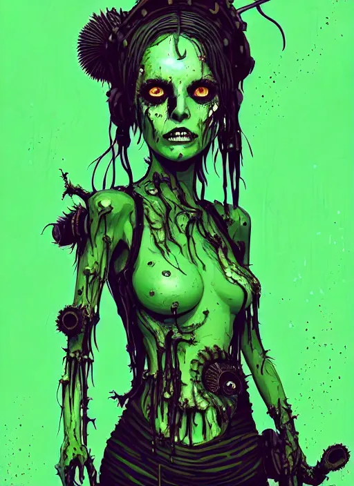 Image similar to highly detailed portrait of an angry wasteland punk long dripping green poison hair tribal zombie lady, stray wiring by atey ghailan, james gilleard, by joe fenton, by greg rutkowski, by greg tocchini, by kaethe butcher, 4 k resolution, gradient purple, brown black and white color scheme!!! ( ( green flaming robotic sewer background ) )