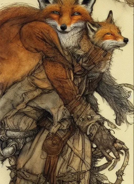 Image similar to portrait of a fox - faced theif, human features, dnd, gwelf, highly detailed, perfect lighting, watercolor and ink illustration, muted colors. perfect composition, 4 k, by brian froud, larry macdougall, jean - baptiste monge, arthur rackham