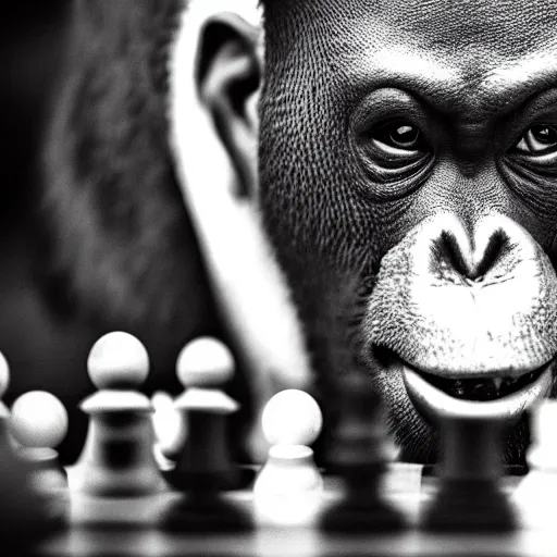 Prompt: black and white portrait photo of an orangutang eating a chess piece,